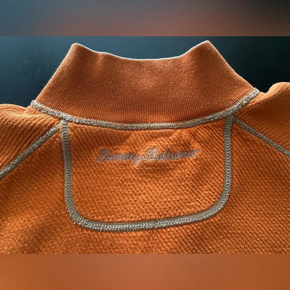 TOMMY BAHAMA Reversible Tan/Orange 1/4 Zip Cotton Pullover Sweater sz XLarge